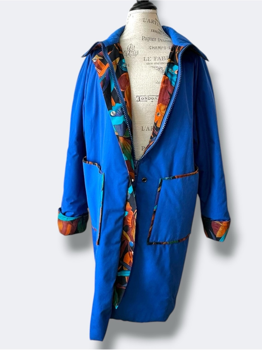 Vintage 90s Royal Blue Statement Parka - Tropical Floral Lining - Oversized XL - Picture 9 of 12